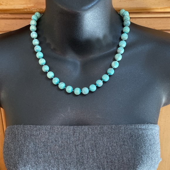 Silver Genuine Turquoise Beads Hand Knotted Vintage Beaded Necklace - Picture 1 of 10